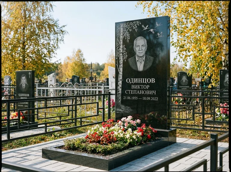 Памятник с гравировкой берёзы — гравировка берёзы с журавлиным клином в небе, работа «Одинцов» в Ставрополе