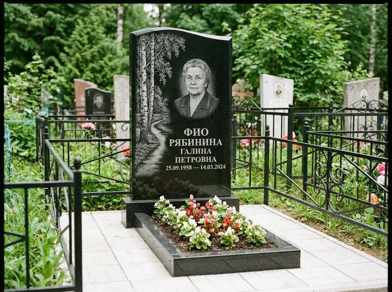 Памятник с гравировкой берёзы — гравировка берёзы у тропинки, уходящей вдаль, работа «Рябинина» в Ставрополе