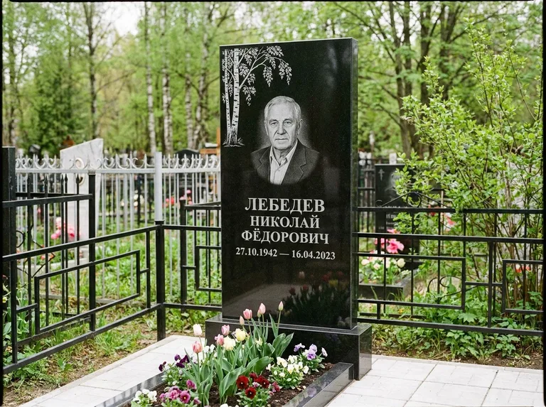 Памятник с гравировкой берёзы — гравировка одинокой берёзы над именем, работа «Лебедев» в Ставрополе