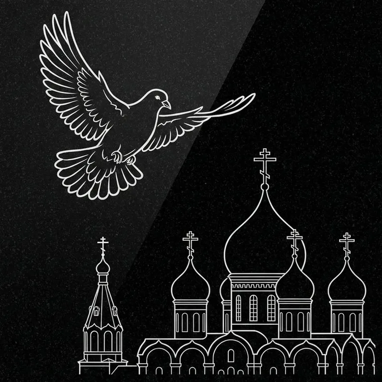 Эскиз гравировки голубей на памятник — голубь в небе над храмом в Ставрополе