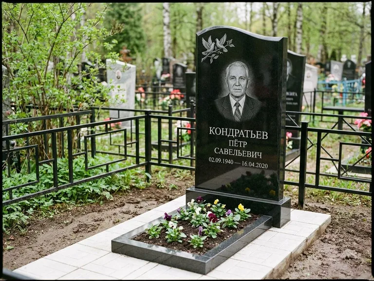 Памятник с гравировкой голубей — гравировка пары голубей на ветке в верхнем углу стелы, работа «Кондратьев» в Ставрополе