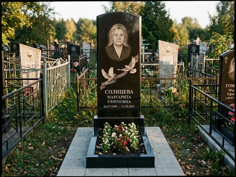 Памятник с гравировкой голубей — гравировка двух летящих голубей с лентой по диагонали стелы, работа «Солнцева» в Ставрополе
