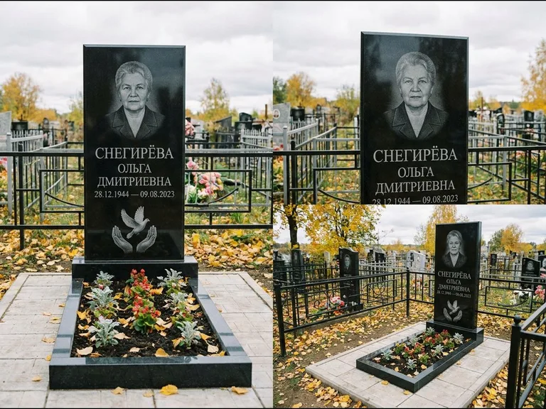 Памятник с гравировкой голубей — гравировка голубя над раскрытыми ладонями внизу стелы, работа «Снегирёва» в Ставрополе