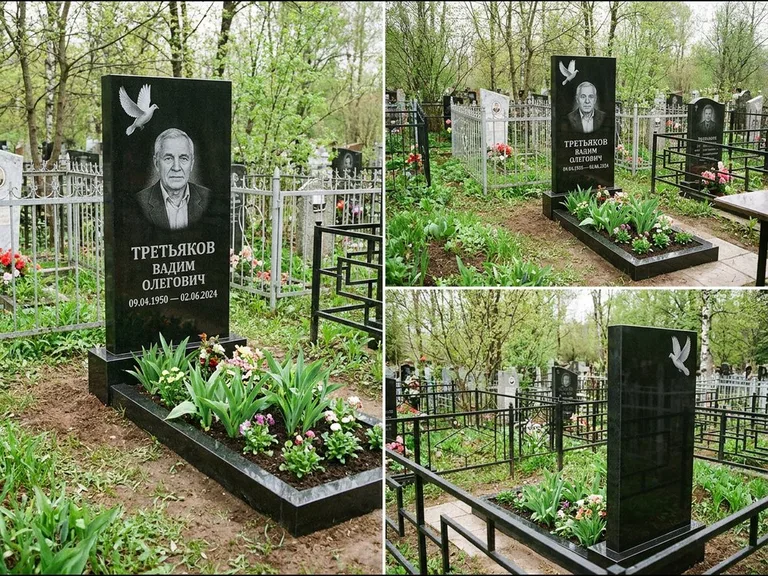 Памятник с гравировкой голубей — белая гравировка взлетающего голубя над портретом, работа «Третьяков» в Ставрополе