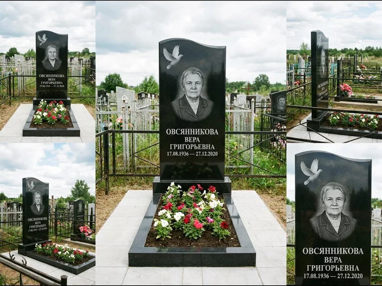 Памятник с гравировкой голубей — белая гравировка взлетающего голубя над портретом, работа «Овсянникова» в Ставрополе