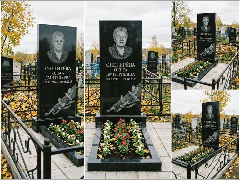 Памятник с гравировкой голубей — гравировка двух летящих голубей с лентой по диагонали стелы, работа «Снегирёва» в Ставрополе