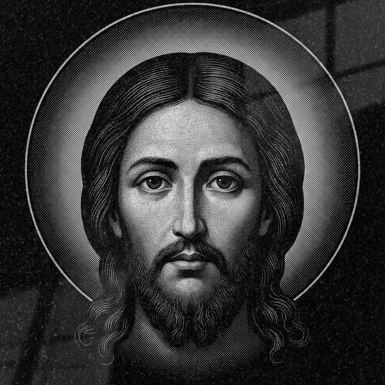 Эскиз иконы: Спас Нерукотворный (полутон) — детальный лик на убрусе, гравировка на памятник в Ставрополе