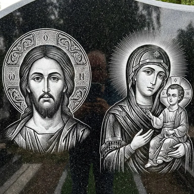 Эскиз иконы: Спаситель и Богородица — парные образы симметрично, гравировка на памятник в Ставрополе
