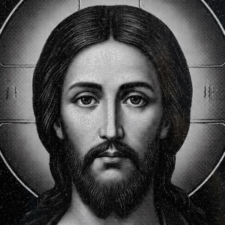 Эскиз иконы: Спас Вседержитель (полутон) — объёмный лик, светотень, гравировка на памятник в Ставрополе