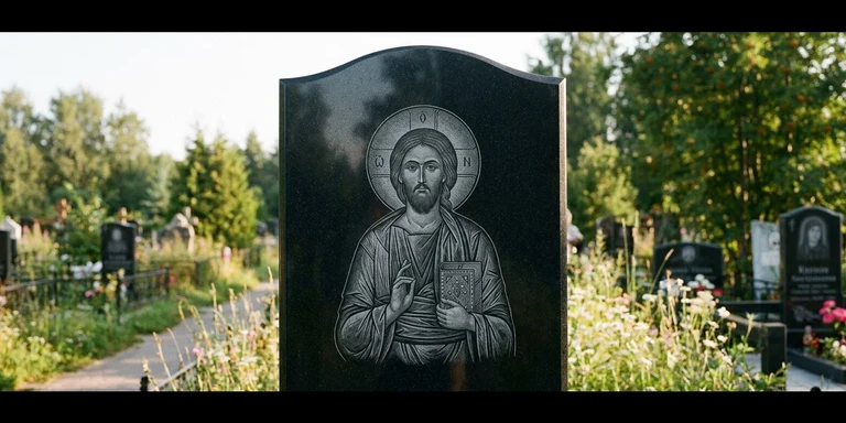 Иконы для гравировки на памятник в Ставрополе — образ на стеле из чёрного гранита с ручной доводкой лика