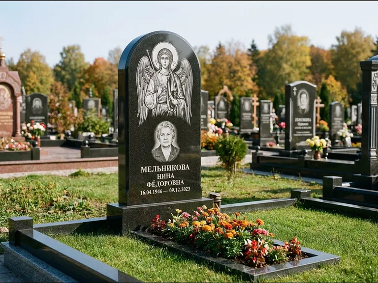 Памятник с гравировкой иконы — икона над портретом усопшего, работа «Журавлёв» в Ставрополе