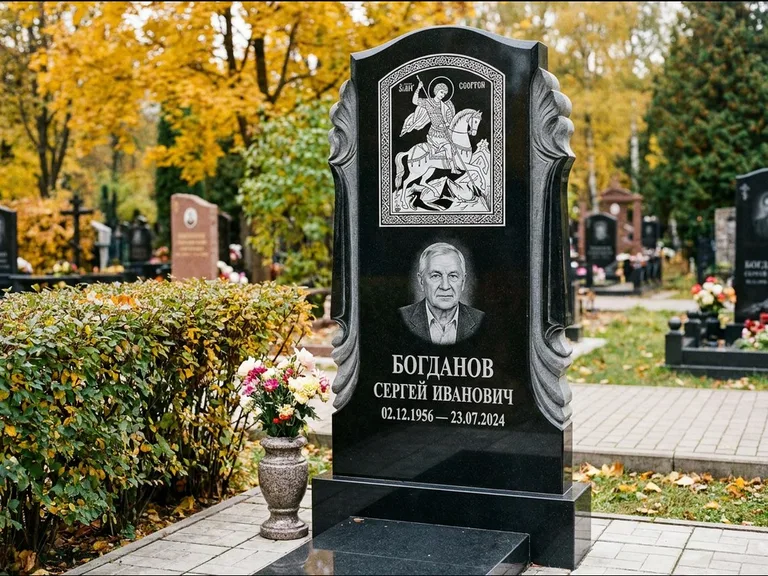 Памятник с гравировкой иконы — икона Спаса Вседержителя над именем усопшего, работа «Лебедева» в Ставрополе