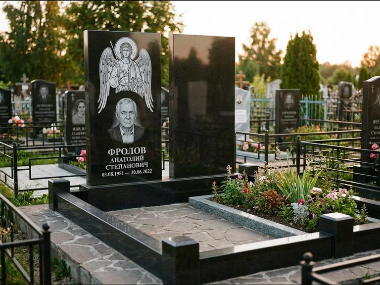 Памятник с гравировкой иконы: стела с резной рамкой вокруг иконы — Архангел Михаил на стеле, белая мраморная крошка с бордюром, работа «Богданова» в Ставрополе