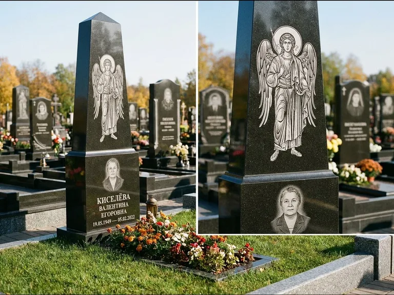Памятник с гравировкой иконы: асимметричная скошенная стела — гравировка образа Спасителя, живая изгородь из кустарника, работа «Третьяков» в Ставрополе