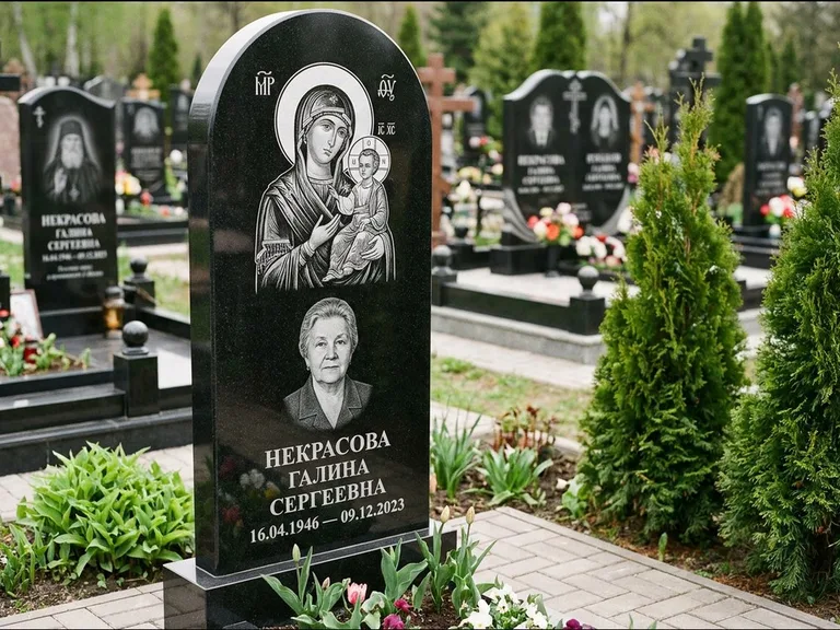 Памятник с гравировкой иконы: фигурная стела с киот-нишей под икону — икона в резной рамке-киоте, светлая гравийная отсыпка, работа «Журавлёв» в Ставрополе