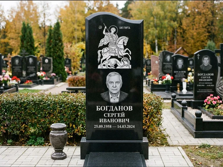 Памятник с гравировкой иконы: монументальный семейный мемориал из двух стел на общем цоколе — гравировка Николая Чудотворца, мощёная гранитная площадка без ограды, работа «Раевская» в Ставрополе