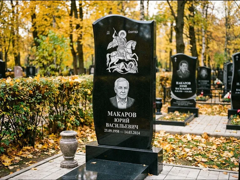 Памятник с гравировкой иконы — икона над портретом усопшего, работа «Раевская» в Ставрополе