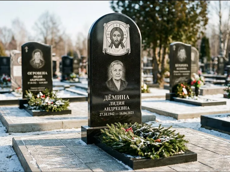 Памятник с гравировкой иконы — икона Спаса Вседержителя над именем усопшего, работа «Ковалёв» в Ставрополе