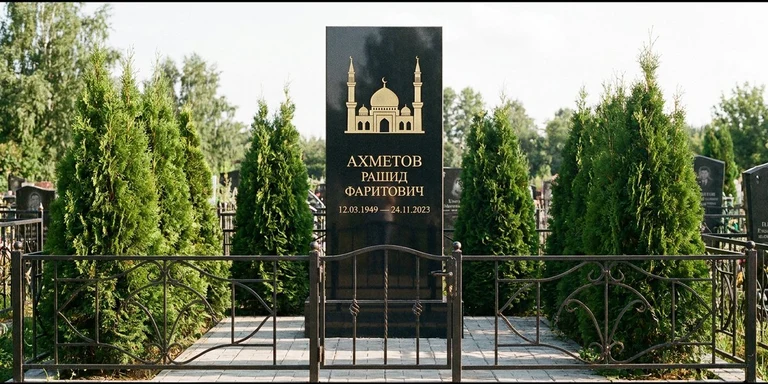 Гравировка мечети на памятник в Ставрополе — стела из чёрного гранита, оформление по канонам ислама