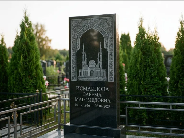 Мусульманский памятник с гравировкой мечети — мечеть в восточной арке с орнаментом, работа «Исмаилова» в Ставрополе