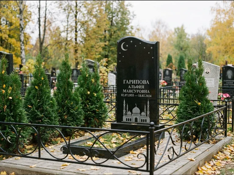 Мусульманский памятник с гравировкой мечети — мечеть с луной в ночном небе, работа «Гарипова» в Ставрополе