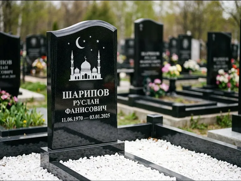 Мусульманский памятник с гравировкой мечети: стела с волнообразным скошенным верхом — гравировка мечети под полумесяцем и звёздами, белая мраморная крошка с бордюром, работа «Шарипов» в Ставрополе