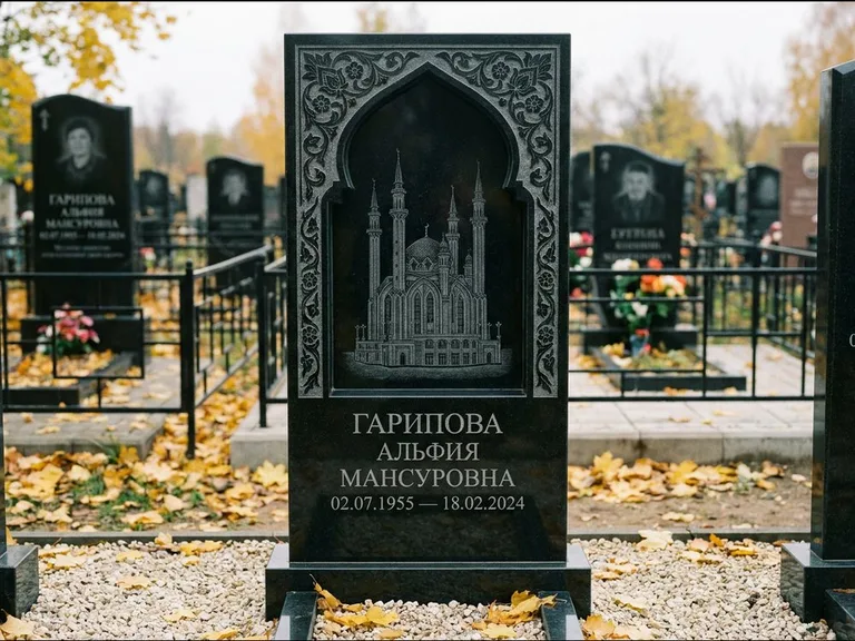 Мусульманский памятник с гравировкой мечети: фигурная стела с михраб-нишей — гравировка мечети в михраб-арке с орнаментом, светлая гравийная отсыпка, работа «Гарипова» в Ставрополе