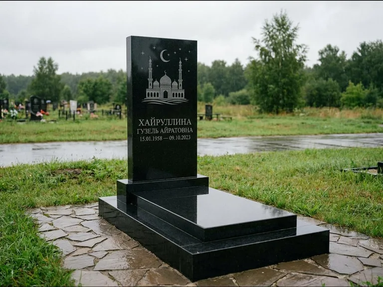 Мусульманский памятник с гравировкой мечети: ступенчатая двухуровневая стела — гравировка мечети под полумесяцем и звёздами, каменная дорожка из плитняка, работа «Хайруллина» в Ставрополе