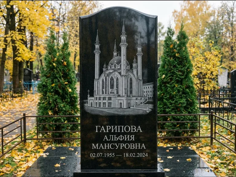 Мусульманский памятник с гравировкой мечети — мечеть Кул-Шариф на обороте стелы, работа «Гарипова» в Ставрополе