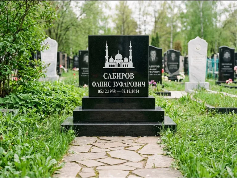 Мусульманский памятник с гравировкой мечети: ступенчатая трёхуровневая стела — золочёная гравировка мечети, дорожка из природного плитняка, работа «Юсупов» в Ставрополе