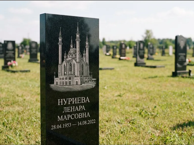 Мусульманский памятник с гравировкой мечети: узкая вертикальная стела-пилон — гравировка мечети в михраб-арке с орнаментом, открытая лужайка без ограды, работа «Хайруллина» в Ставрополе