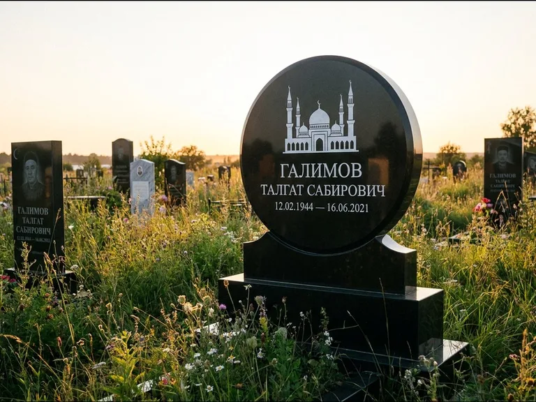 Мусульманский памятник с гравировкой мечети: округлая стела-медальон на тумбе — гравировка мечети в михраб-арке с орнаментом, луговые травы и полевые цветы, работа «Каримов» в Ставрополе