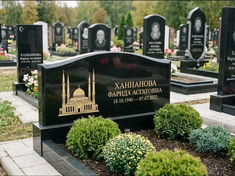 Мусульманский памятник с гравировкой мечети: вытянутая горизонтальная семейная стела с аркой — белая гравировка силуэта мечети с минаретами, участок с декоративными кустами, работа «Гарипова» в Ставрополе