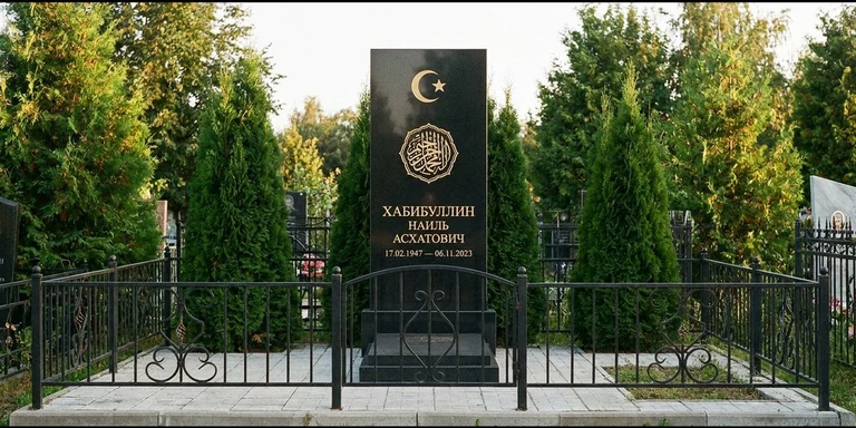 Гравировка на мусульманском памятнике в Ставрополе — стела из чёрного гранита, оформление по канонам ислама