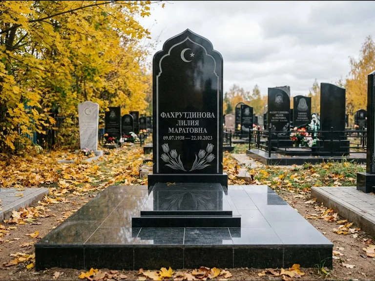 Мусульманский памятник: стела с михраб-навершием в форме арки — гравировка минарета с полумесяцем, гранитный цоколь с тёмной плиткой, работа «Фахрутдинова» в Ставрополе