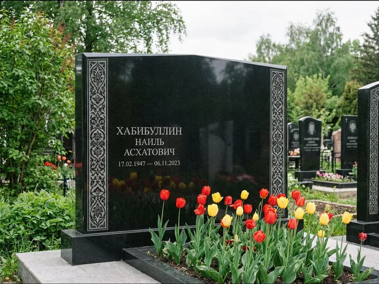 Мусульманский памятник: широкая двойная семейная стела — золочёная гравировка мечети, цветник с тюльпанами, работа «Хабибуллин» в Ставрополе