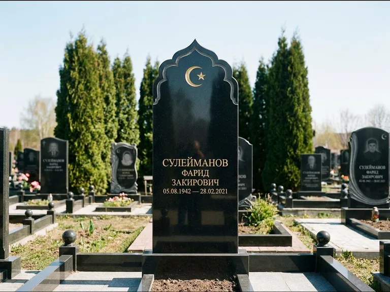 Мусульманский памятник: стела с резным восточным навершием-пиштаком — белая гравировка силуэта мечети с минаретами, высокие туи полукругом, работа «Сулейманов» в Ставрополе