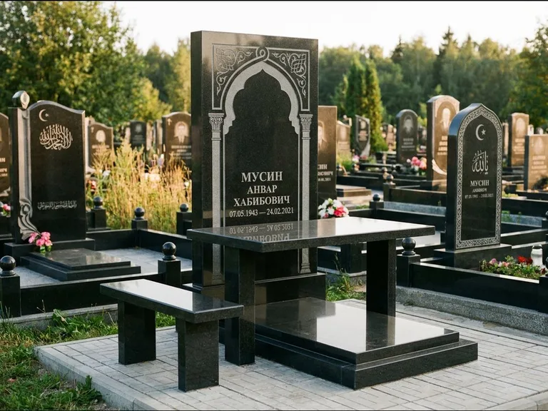 Мусульманский памятник: стела с гранитным столиком и скамьёй — гравировка мечети под полумесяцем и звёздами, семейный участок с плиткой, работа «Гимаев» в Ставрополе