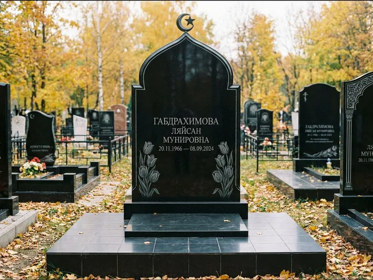Мусульманский памятник: массивная стела с михраб-навершием — белая гравировка силуэта мечети с минаретами, цоколь тёмной плиткой, работа «Магомедова» в Ставрополе