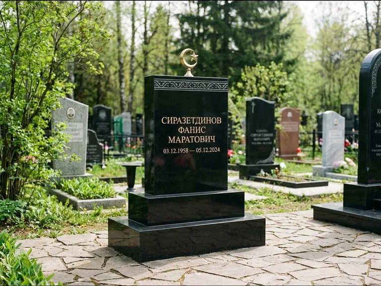 Мусульманский памятник: ступенчатая трёхуровневая стела — золочёная гравировка мечети, дорожка из природного плитняка, работа «Мустафин» в Ставрополе