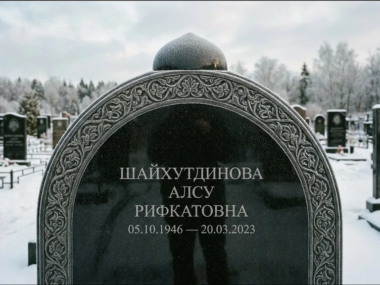 Мусульманский памятник: полукруглая стела с купольным навершием — гравировка мечети под полумесяцем и звёздами, заснеженный зимний участок, работа «Ганиева» в Ставрополе
