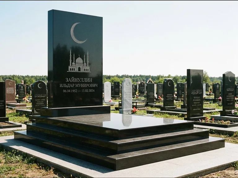 Мусульманский памятник: массивная стела на ступенчатом постаменте — гравировка мечети под полумесяцем и звёздами, гранитная площадка без ограды, работа «Хабибуллин» в Ставрополе