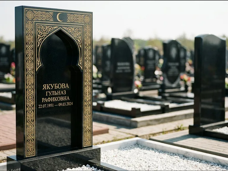 Мусульманский памятник: стела в форме михраба с глубокой нишей и золочёным орнаментом — детализированная гравировка мечети Кул-Шариф, участок с белой мраморной крошкой, работа «Мустафин» в Ставрополе