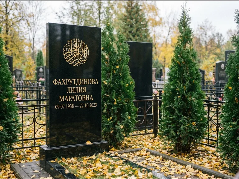 Мусульманский памятник — шахада в верхней части стелы, работа «Фахрутдинова» в Ставрополе