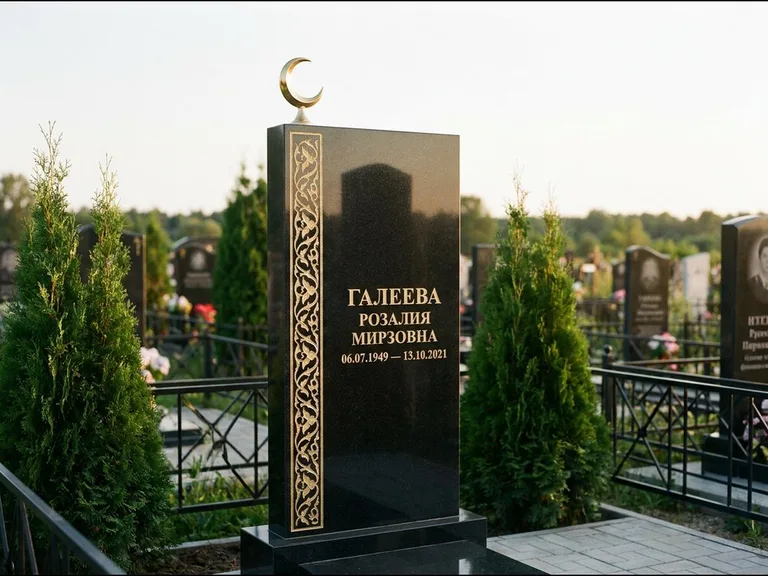 Памятник с гравировкой полумесяца — золочёный полумесяц и колонна растительного орнамента-ислими, работа «Галеева» в Ставрополе