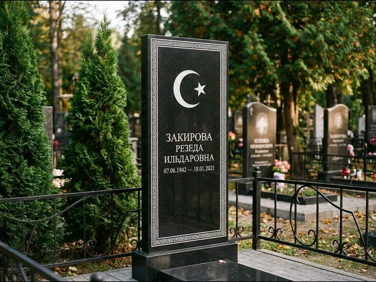 Памятник с гравировкой полумесяца — строгая белая гравировка полумесяца со звездой и орнаменталь, работа «Закирова» в Ставрополе