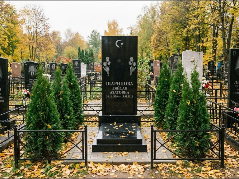 Памятник с гравировкой полумесяца — гравировка полумесяца со звездой и тюльпанами по бокам, работа «Шарипова» в Ставрополе