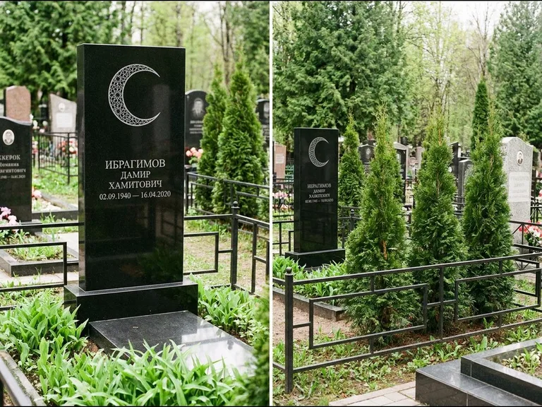 Памятник с гравировкой полумесяца — гравировка полумесяца в геометрическом орнаменте-гирихе, работа «Ибрагимов» в Ставрополе