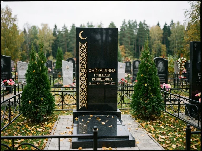 Памятник с гравировкой полумесяца — золочёный полумесяц и колонна растительного орнамента-ислими, работа «Хайруллина» в Ставрополе