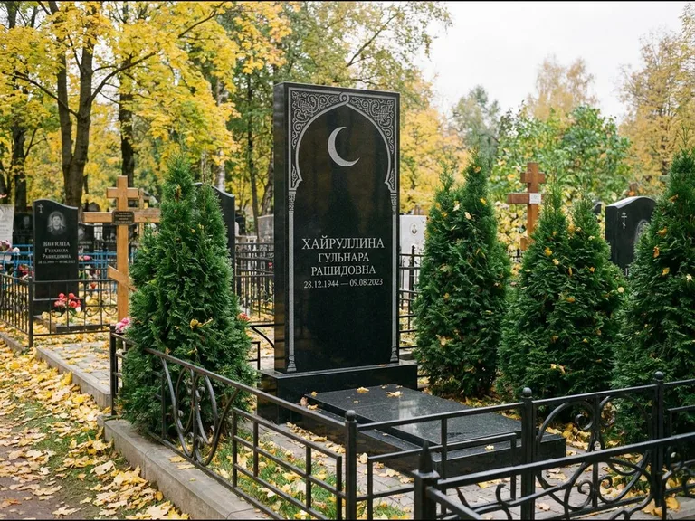 Памятник с гравировкой полумесяца — гравировка полумесяца в восточной арке с орнаментом, работа «Хайруллина» в Ставрополе